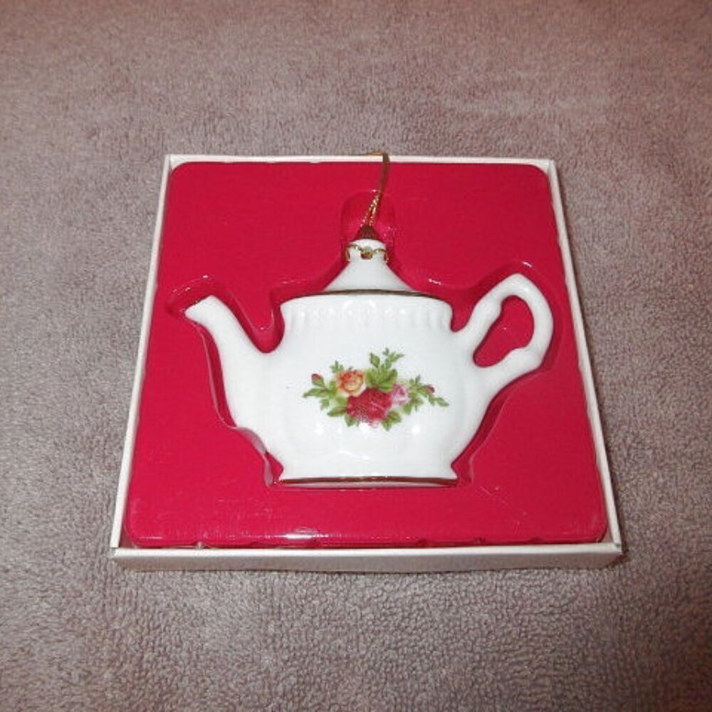 NOS Vtg Royal Albert China Teapot Christmas Ornament Holiday Country Roses Box